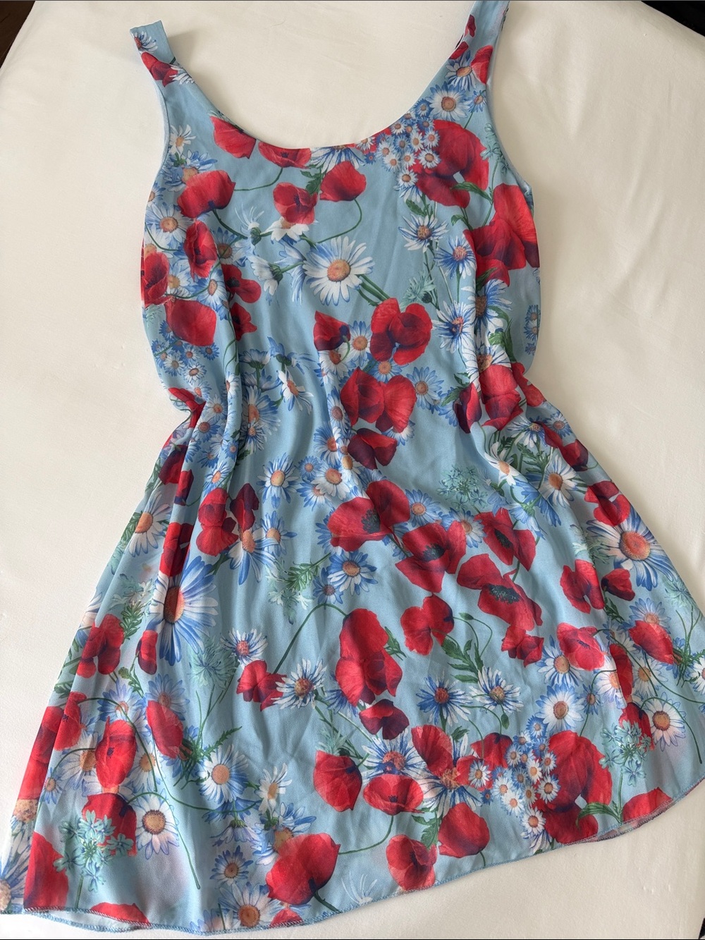 Made in Italy Sky Blue Floral Midi Dress with Red Poppy & Daisy Print L-XL